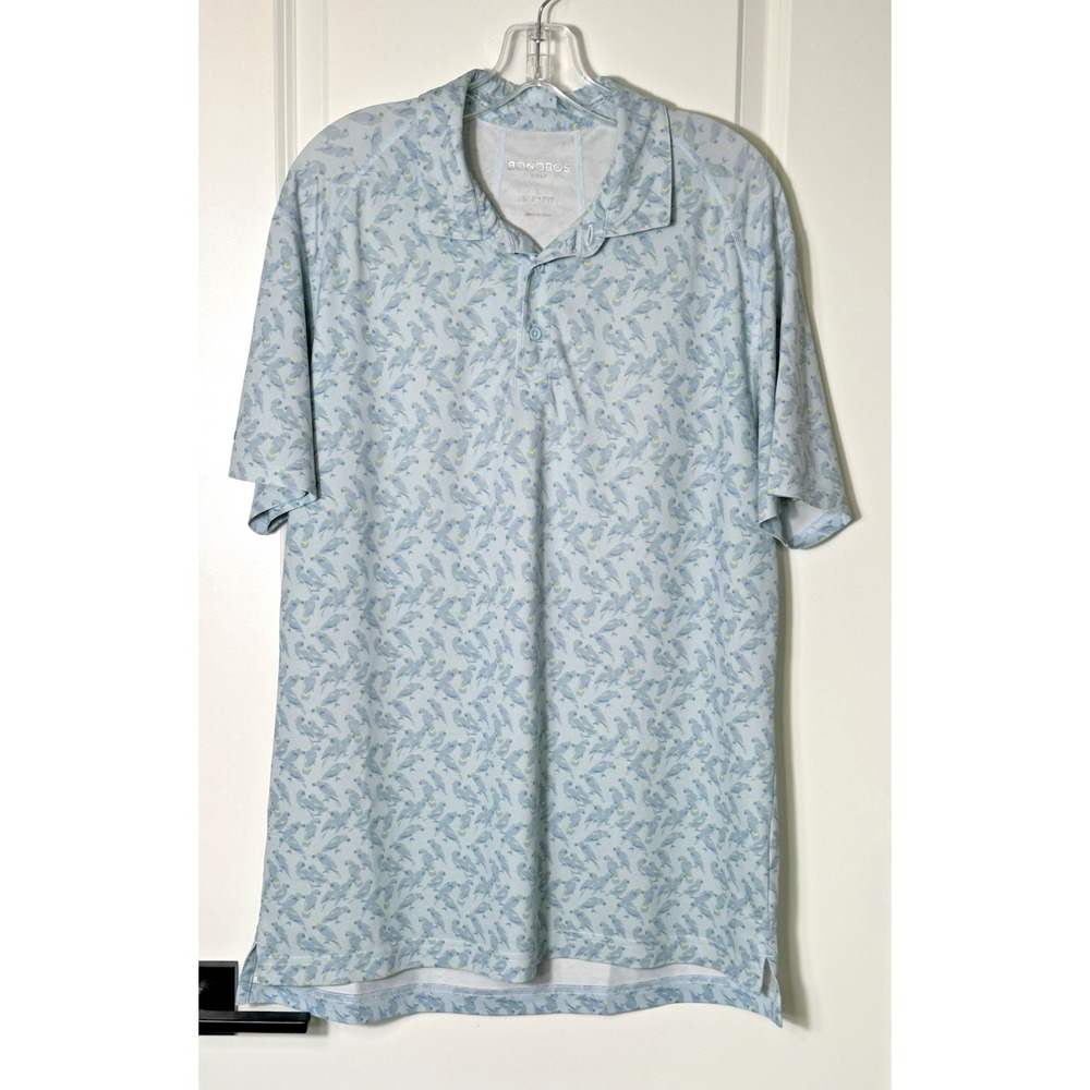 BONOBOS Golf Mens Large Slim Fit Light Blue Parrot Print Polo Shirt